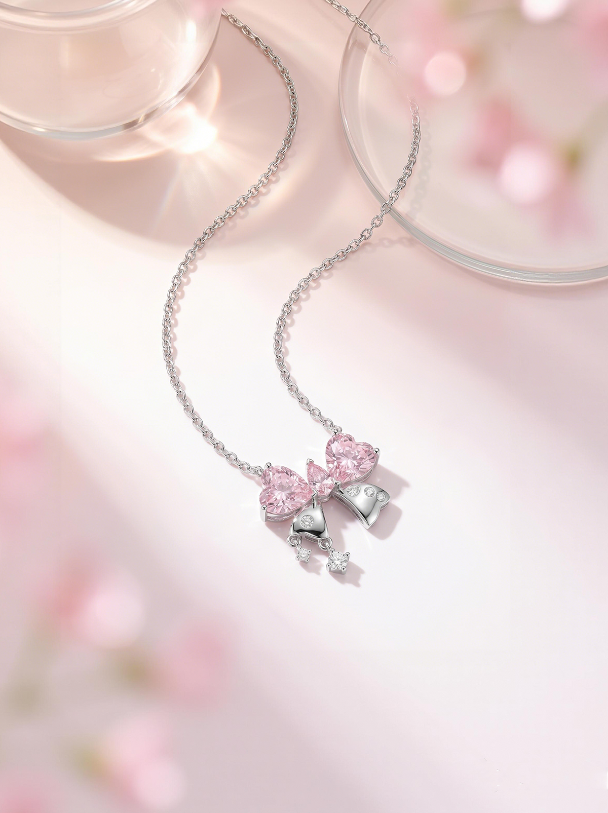Pink Crystal Bow Necklace