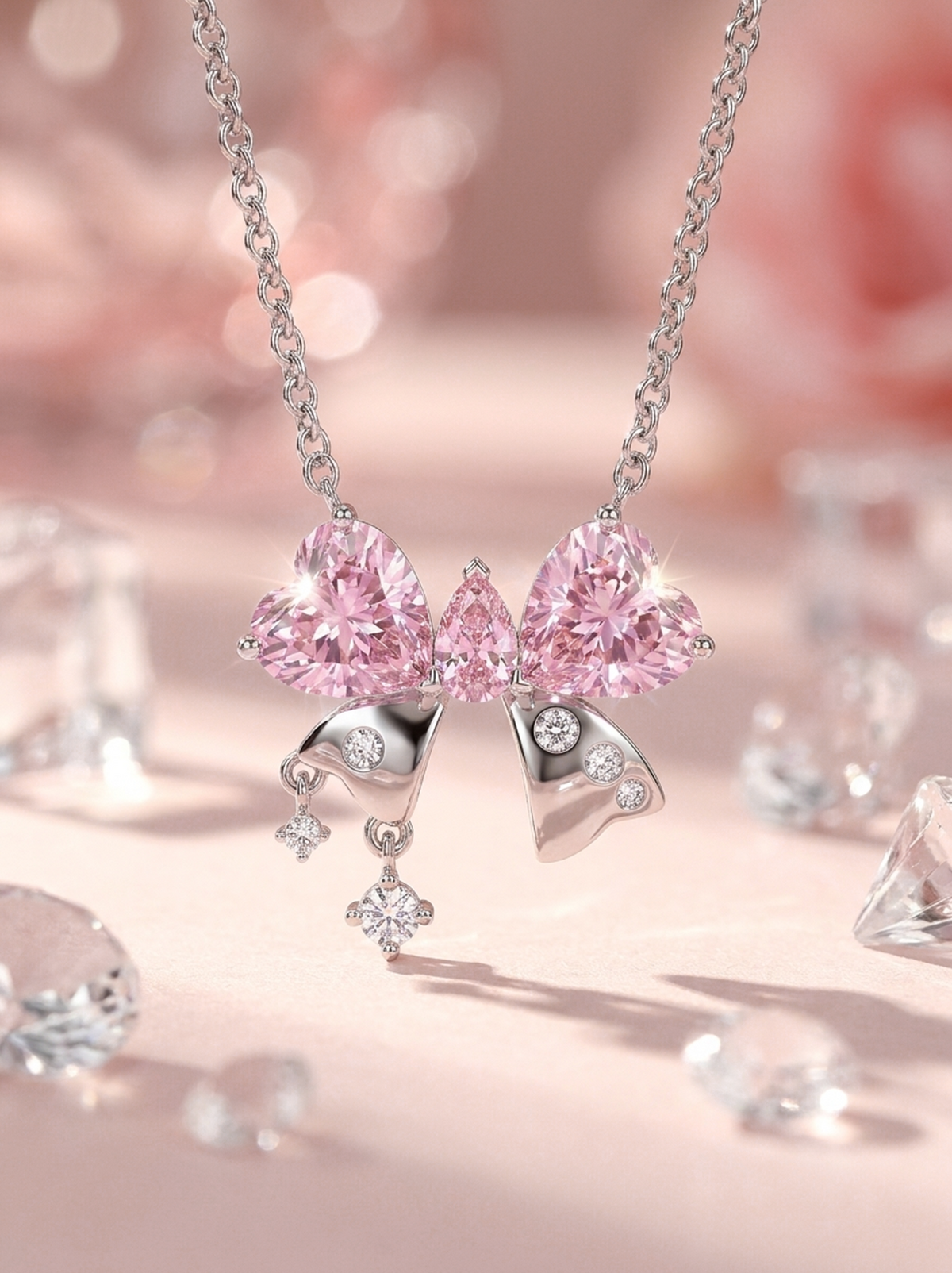 Pink Crystal Bow Necklace
