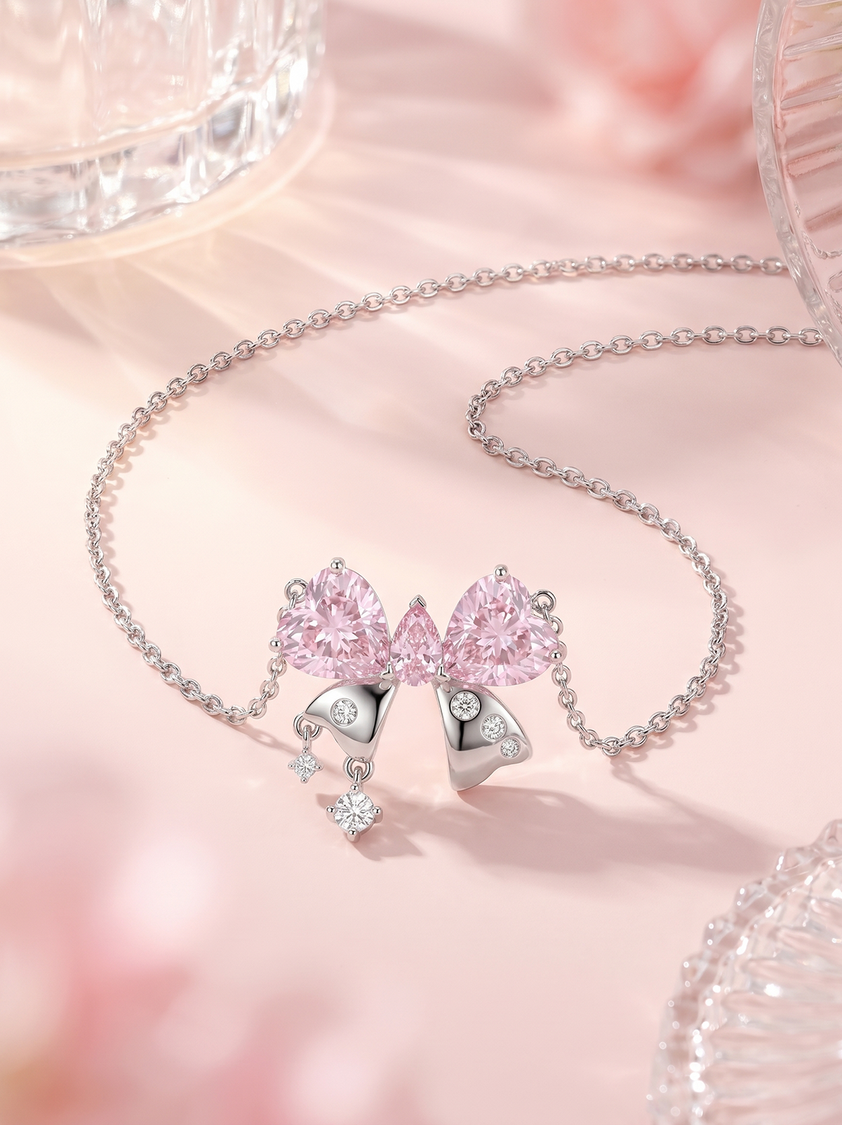 Pink Crystal Bow Necklace